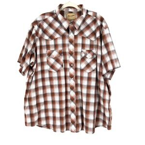 Wrangler Western Pearl Snap Shirt Mens 3XL Brown Plaid Cowboy Landman Rockabilly